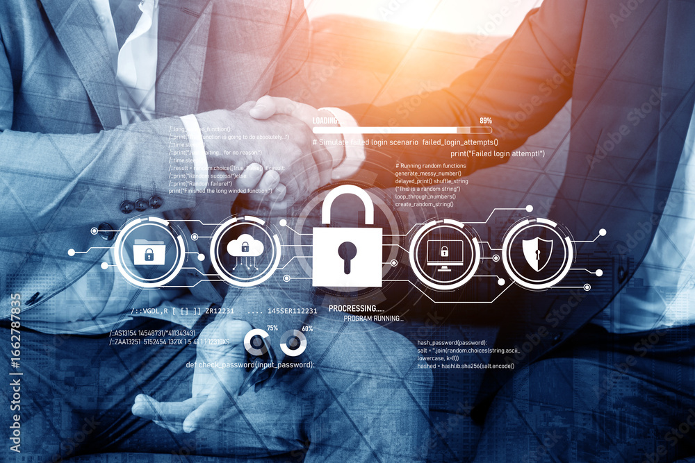 Poster cyber security protects against breaches, hacks, and network attacks using strong infrastructure and
