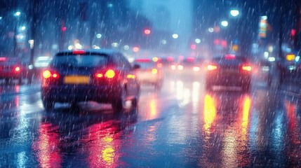 Cars driving on a wet city street at night in heavy rain with colorful blurred lights reflecting on the water-covered road