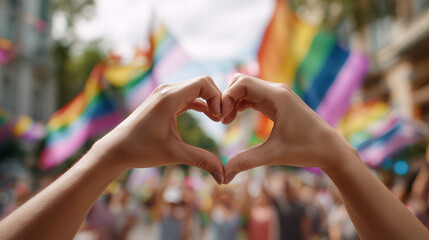 Hands forming heart shape at Pride parade with rainbow flags waving