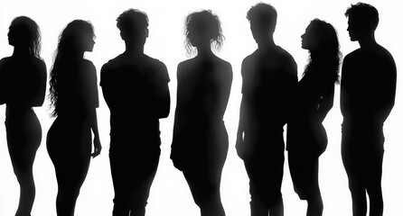Silhouettes of seven standing people in a row with varied postures against a bright white background conveying mystery and anonymity