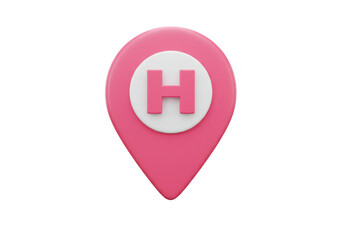 Obraz premium 3d render of a pink map pin with a white circle and the letter h inside, representing a hospital, isolated on transparent background