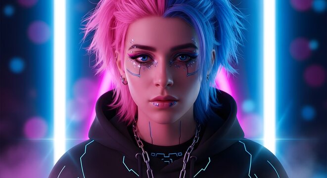 A cyberpunk portrait of a person with vibrant pink and blue hair and futuristic makeup, set against glowing neon lights.