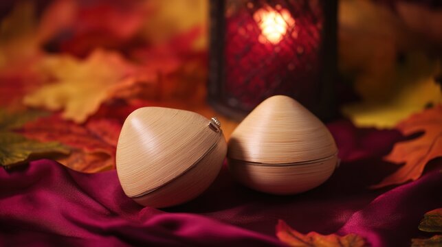 Traditional castanets resting on crimson silk, glowing with candlelight and autumn foliage behind.