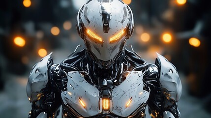 Futuristic armored robot with glowing orange eyes and chest lights in a dark blurred environment emitting an intense and focused vibe