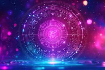 Glowing digital circular interface featuring zodiac signs in neon purple and blue hues with a futuristic cosmic background filled with stars and light particles