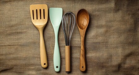 Four kitchen utensils including a wooden slotted spatula, mint green spatula, metal whisk with wooden handle, and a wooden spoon arranged on a textured burlap surface