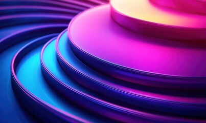 Close-up of shiny, vibrant, smooth concentric circular layers in bright gradient colors of blue, purple, pink, and yellow creating an abstract, futuristic look