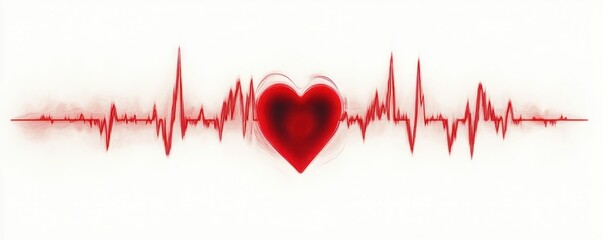 red heartbeat line with a stylized heart shape in the center on a white background representing heart health and life energy