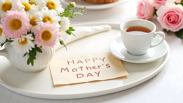 Mother’s Day breakfast scene with card, flower bouquet, and tea cup on tray. - Powered by Adobe