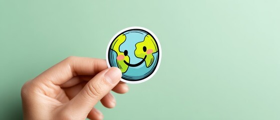 The cheerful globe sticker held by a hand on soft green background.