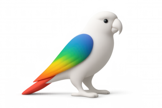 Multicolored exotic bird perching elegantly with iridescent feathers, digital artwork rendering against transparent backdrop