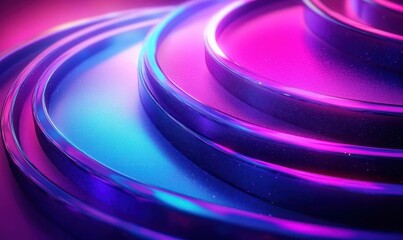 Close-up of shiny layered rings or curved surfaces with smooth reflective textures in vibrant purple and blue neon lighting, creating a futuristic and dynamic visual effect