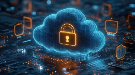 Digital cloud with a glowing padlock symbolizing secure cloud storage surrounded by floating folder icons above a futuristic circuit board in dark blue and orange tones