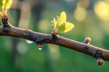 Close-up of a brown branch with fresh green leaves and water droplets sparkling in the soft natural light with a blurred green and yellow background
