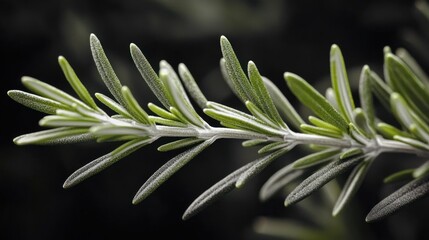 Fototapeta premium Close-up of green rosemary herb branch with fine textured leaves against dark blurred background