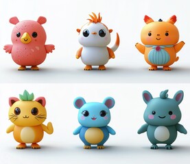 Six colorful toy-like animal figurines with big eyes and playful expressions arranged in two rows on a white background