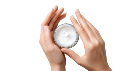 Hands Applying Moisturizer Cream from Jar on Ultra-Clean Transparent Background