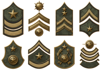 Collection of military rank insignia isolated on transparent background