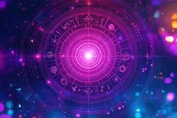 glowing circular astrological chart with zodiac symbols in vibrant purple and blue hues emitting bright central light and starry background