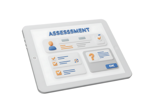 Tablet displaying an online assessment form with user profile and questions, isolated on transparent background