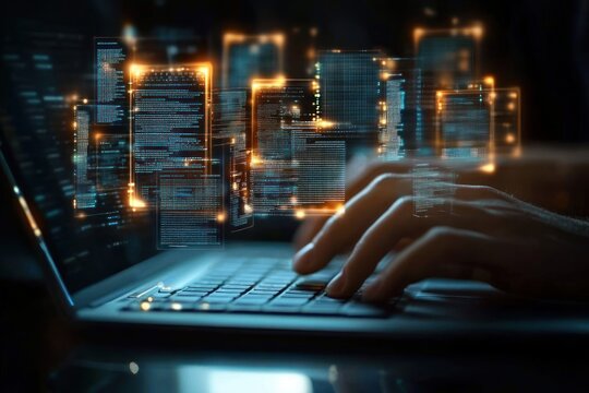 Close-up of hands typing on a laptop keyboard with floating digital code and data projections in a dark environment, conveying technology and programming focus