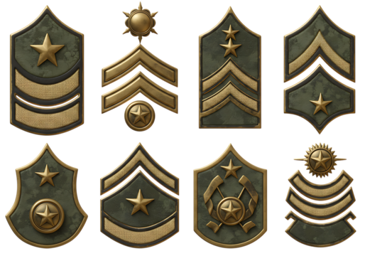 Collection of military rank insignia isolated on transparent background