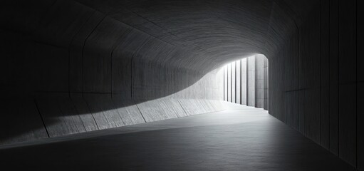 Obraz premium Empty curved concrete tunnel illuminated by soft natural light from an opening with vertical columns casting shadows inside