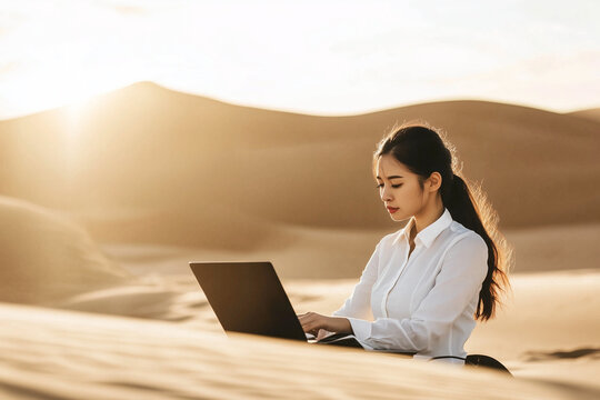 Dedicated Asian businesswoman working remotely on a laptop in a vast desert, symbolizing the concept of a digital nomad and modern work-life freedom