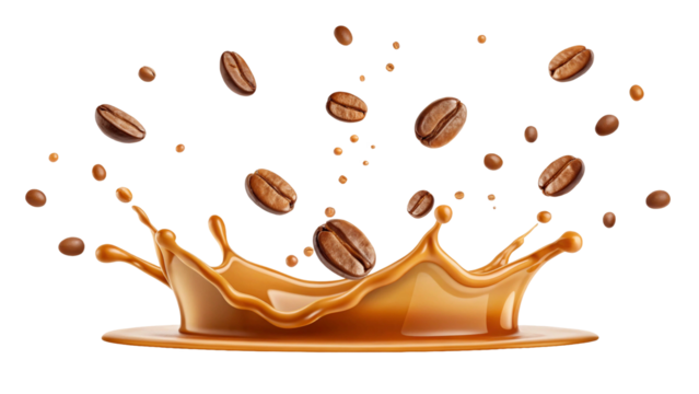 Coffee Beans and Splash of Caramel Delight in Midair Against a Black Background Creating Dynamic Motion and Rich Textures for a Coffee or Dessert Themed Design