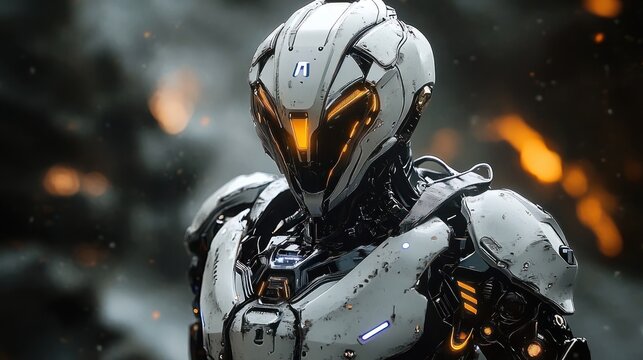 futuristic white and black armored robot with glowing orange lights in a dark smoky environment with sparks of fire conveying intensity and advanced technology - Powered by Adobe