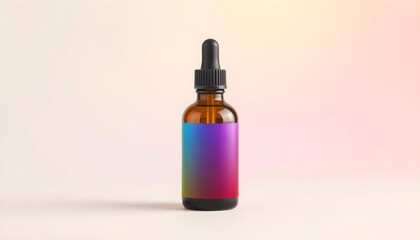 Fototapeta premium Amber glass dropper bottle with a vibrant gradient label, isolated on a soft color background.