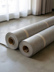 Rolls of decorative wallpaper resting on a smooth floor in a bright interior setting with natural light coming through windows