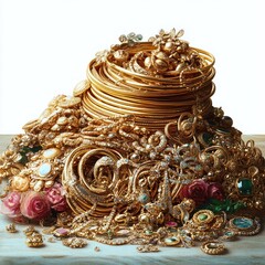 Obraz premium A large pile of golden jewelry including rings, bracelets, necklaces, and brooches adorned with colorful gemstones and pearls, interspersed with pink and red roses on a wooden surface