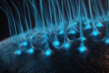 Close-up view of glowing blue neural synapses transmitting signals across a textured surface in a futuristic scientific environment