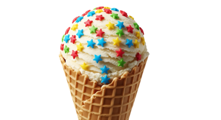 Vanilla ice cream scoop with colorful star sprinkles in a waffle cone, isolated on transparent background