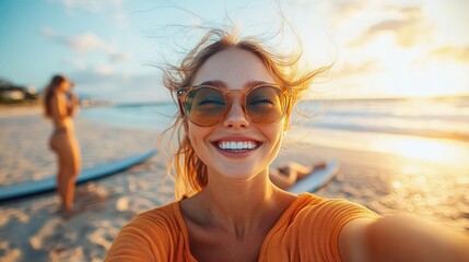 Smiling young woman wearing sunglasses taking selfie on sunny beach with surfboards and another person in background
