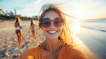 Happy young woman taking a selfie on a sunny beach with two friends walking behind carrying surfboards at sunset