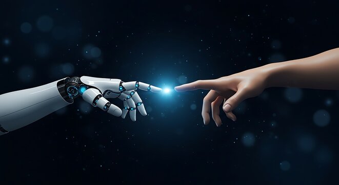 Human and AI hands touching in digital connection concept