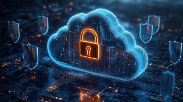 Futuristic digital cloud icon with glowing padlock symbol surrounded by shield icons representing cybersecurity and data protection