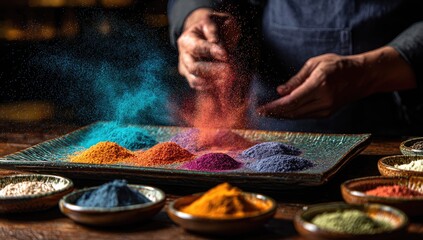 Colorful spice powders are being tossed by hands over a tray