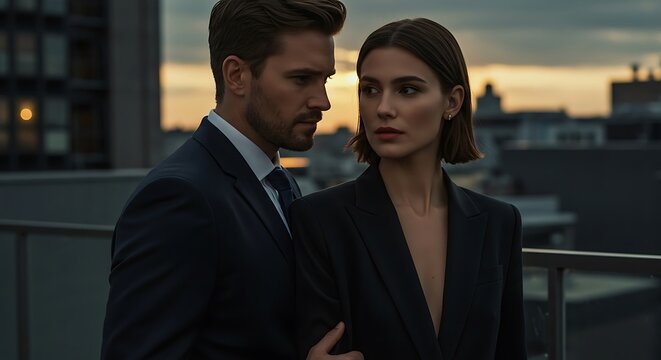 Elegant couple in suits at sunset rooftop setting looking away
