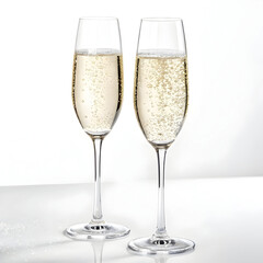 two champagne glasses on white