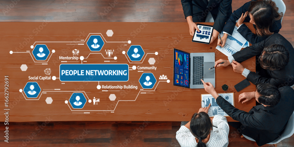 Poster engaging scene showcasing people networking and collaborating at a business meeting, utilizing techn