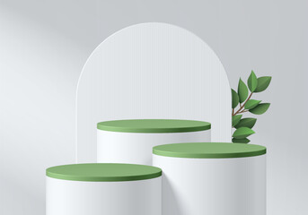 Naklejka na ściany i meble 3D white cylindrical podium background with green top, arch backdrop and green leaf. Minimalist mockup pedestal. Abstract stands product display presentation, Stage showcase. Platforms vector design.