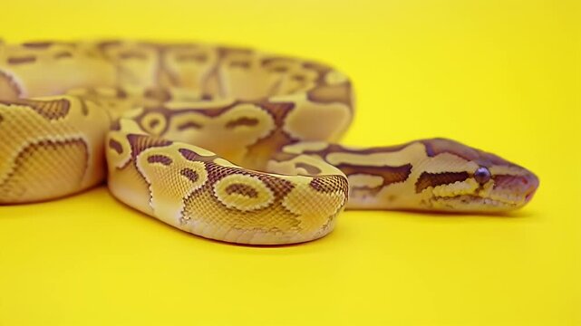 Detailed Ball Python with Intricate Yellow and Brown Patterns on a Vibrant Yellow Background with Macro Close Up