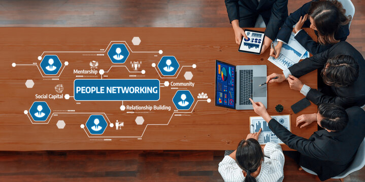 Engaging scene showcasing people networking and collaborating at a business meeting, utilizing technology and data to enhance community and relationship building. Amity