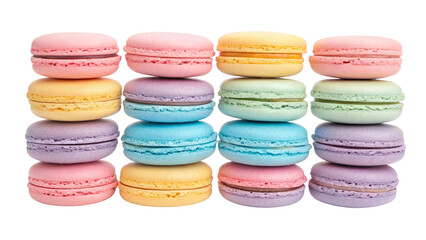 Obraz premium Colorful Macarons Stacked Delicious French Dessert Isolated on Black Background Sweet Treat and Delicate Cookie Pastry Perfect for Festive Celebrations and Gourmet Food Presentations
