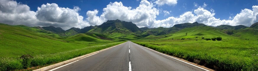 Naklejka premium Road Through Green Hills Under Blue Sky