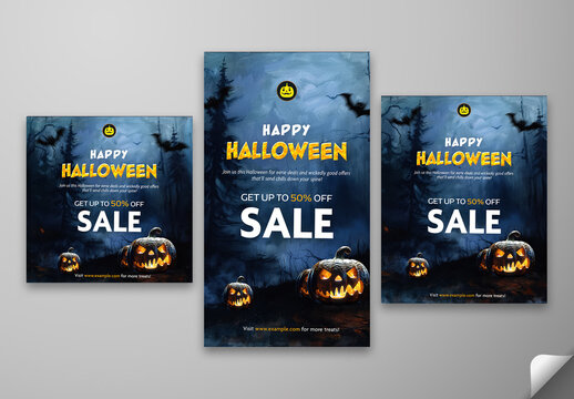 Happy Halloween Sale Social Media Posts and Story Template with Illuminated Jack O Lanterns in Moonlight Forest Scene, Editable Design.
