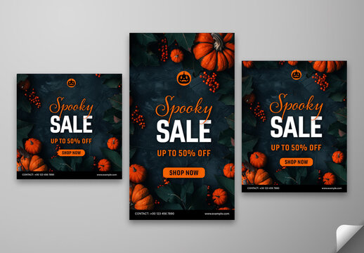Spooky Halloween Sale Social Media Posts and Story Template with Pumpkins, Berries for Seasonal Promotion. Editable Design.